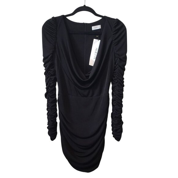 Aliette Black Ruched Bodycon Mini Dress Long Sleeve Stretchy Glam Chic Cocktail - Picture 3 of 13